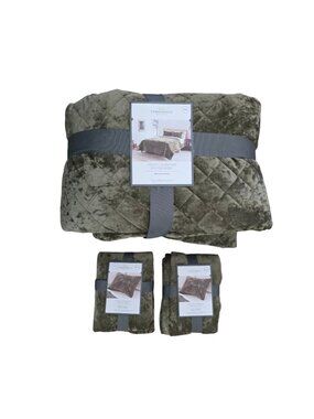 Threshold Olive Green Diamond Stitch Velvet King Quilt + 2 Standard Shams NWT